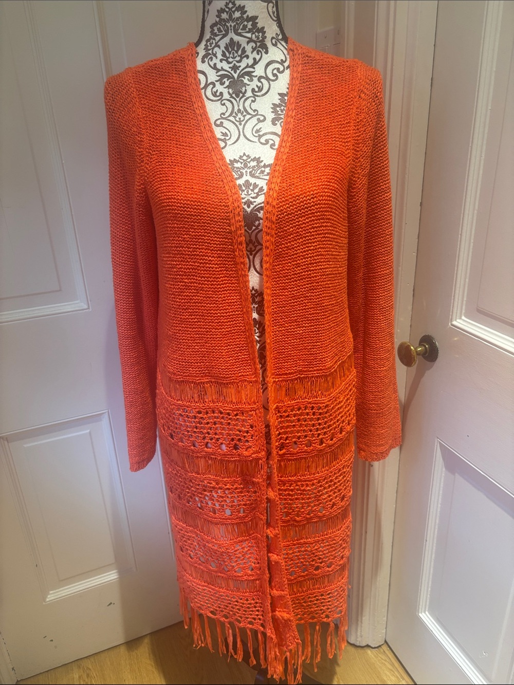 Chico's Bright Orange Open-Front Fringe Cardigan sz 2 L